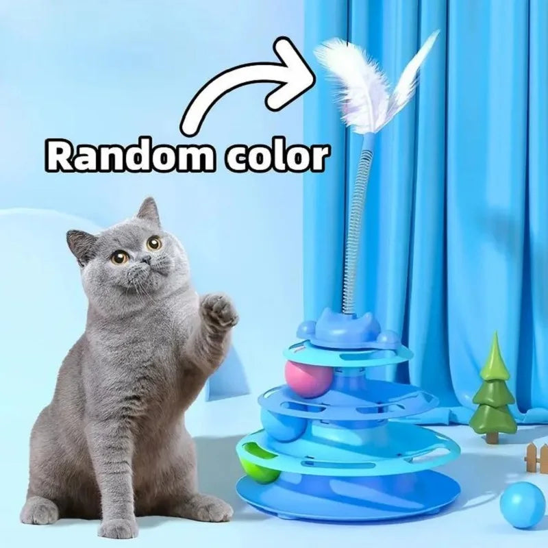 4-Layers Interactive Feather Cat Toy  Ball Playing Stick Interactive Cat Toy Tower Kitten Turntable Track Roller Ball