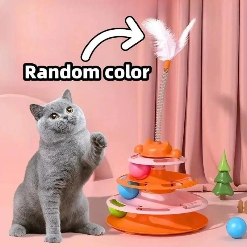 4-Layers Interactive Feather Cat Toy  Ball Playing Stick Interactive Cat Toy Tower Kitten Turntable Track Roller Ball