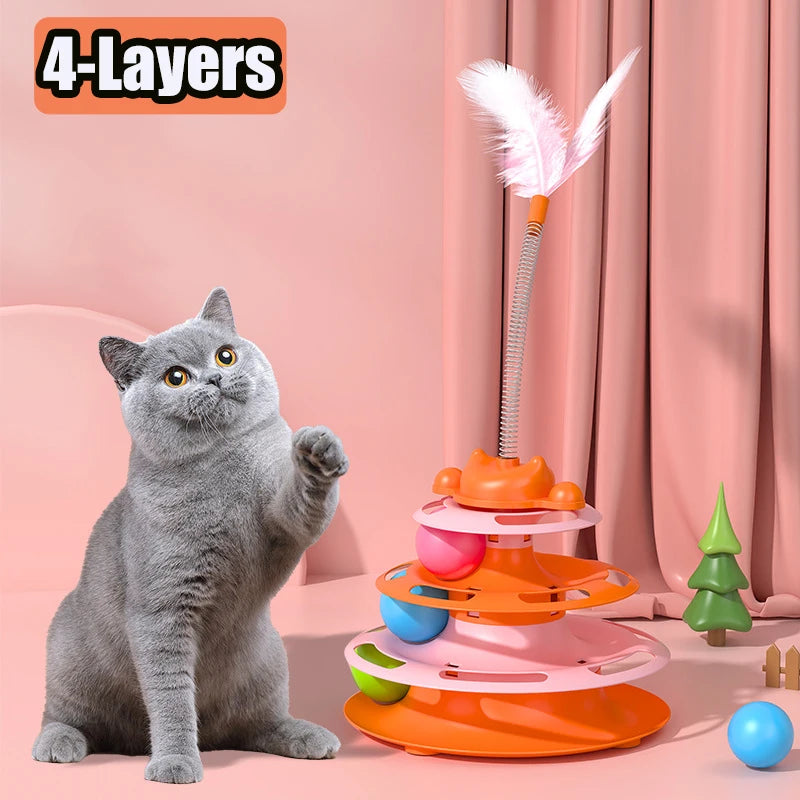 4-Layers Interactive Feather Cat Toy  Ball Playing Stick Interactive Cat Toy Tower Kitten Turntable Track Roller Ball