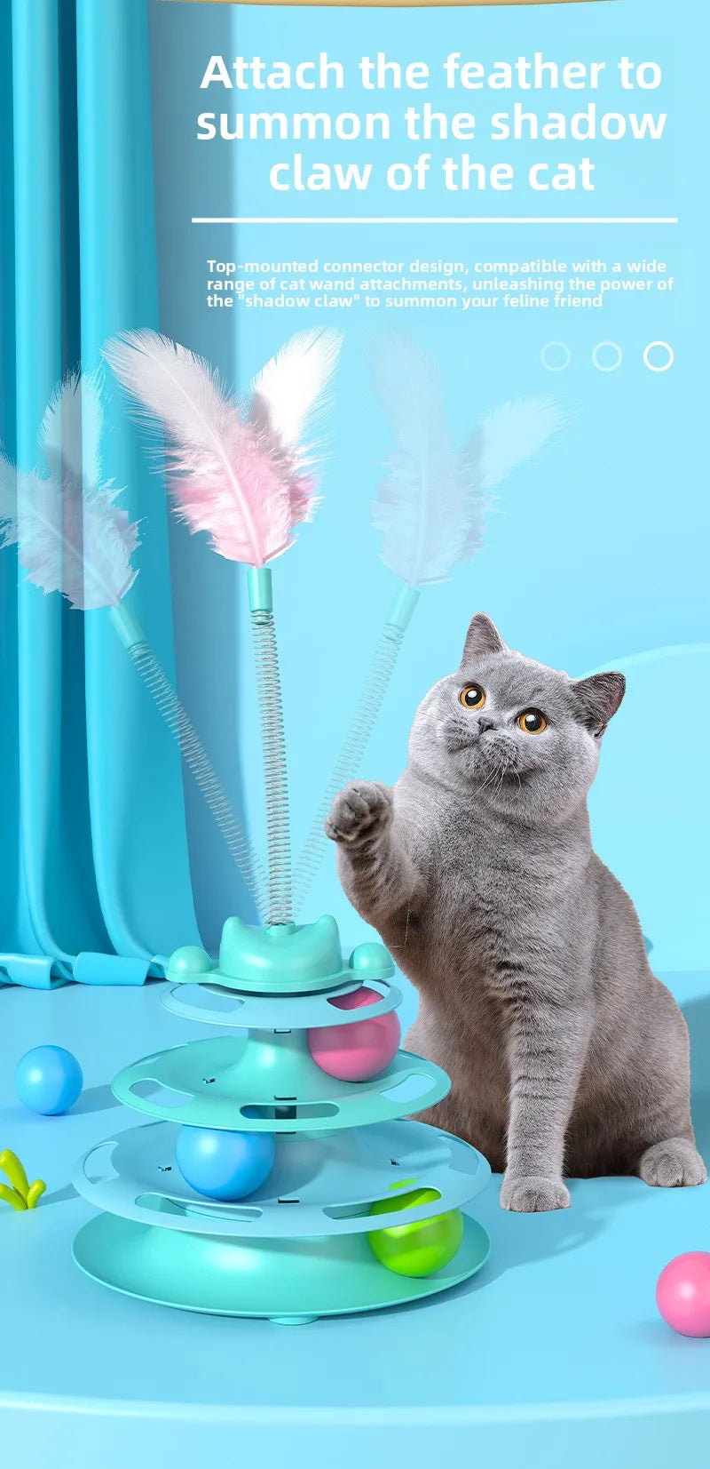 4-Layers Interactive Feather Cat Toy  Ball Playing Stick Interactive Cat Toy Tower Kitten Turntable Track Roller Ball