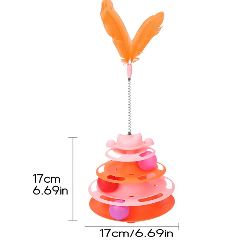 4-Layers Interactive Feather Cat Toy  Ball Playing Stick Interactive Cat Toy Tower Kitten Turntable Track Roller Ball