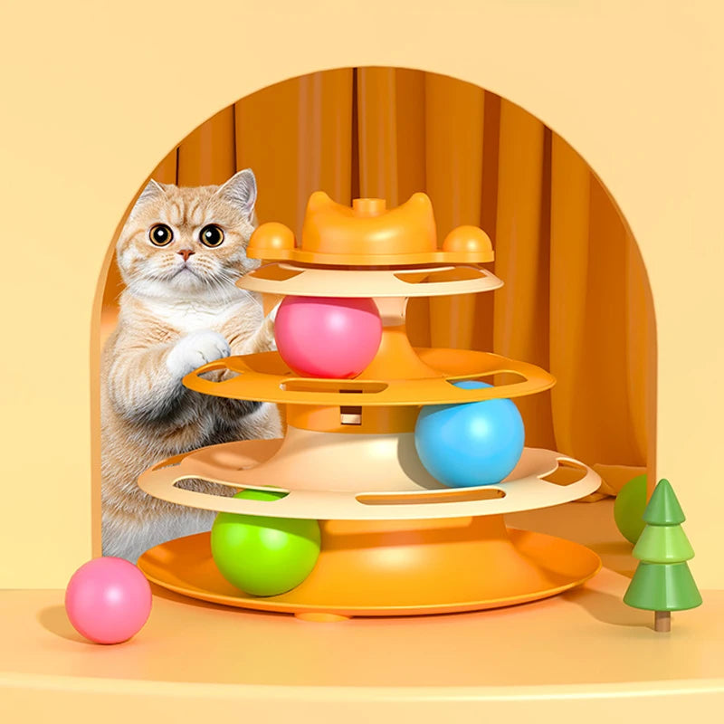 4-Layers Interactive Feather Cat Toy  Ball Playing Stick Interactive Cat Toy Tower Kitten Turntable Track Roller Ball