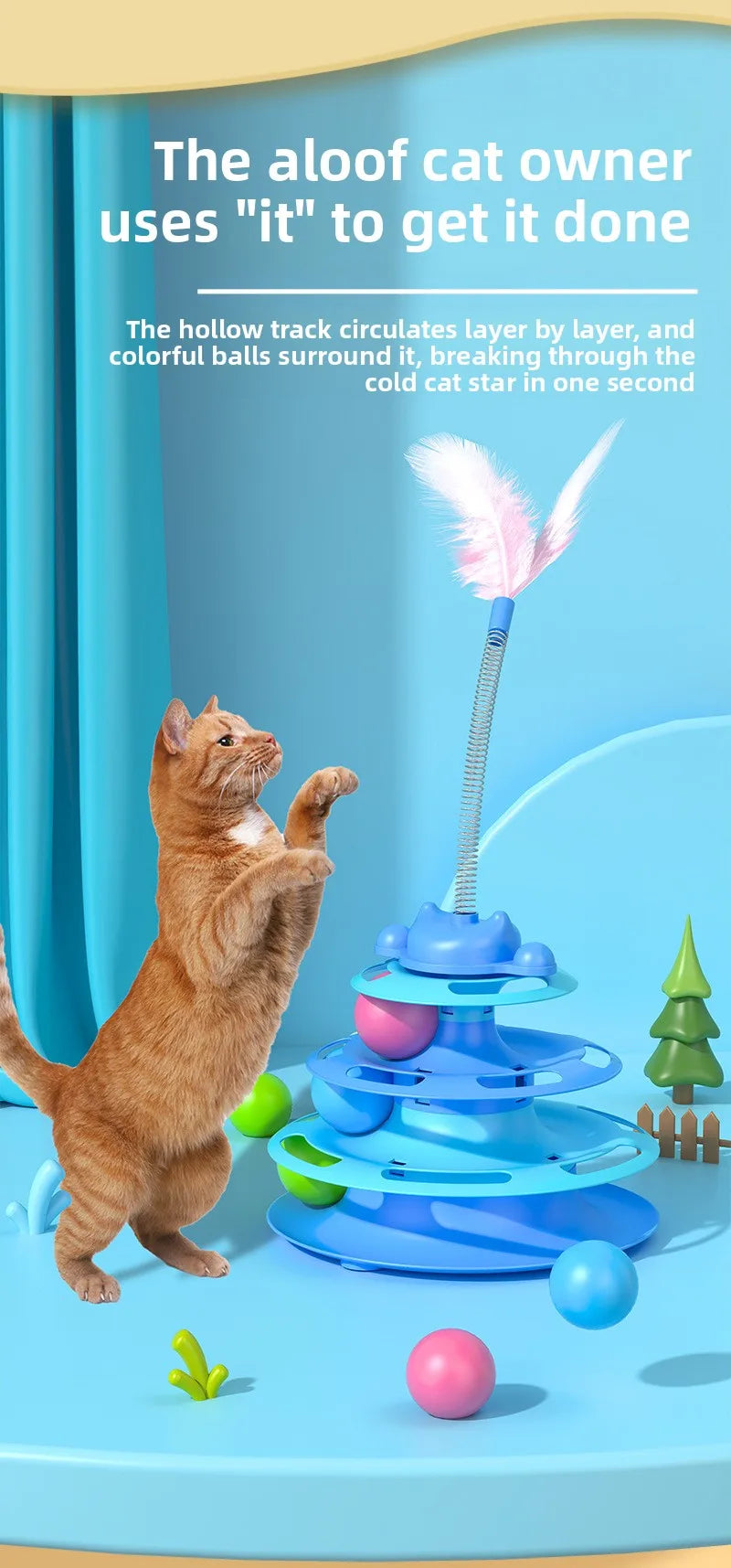 4-Layers Interactive Feather Cat Toy  Ball Playing Stick Interactive Cat Toy Tower Kitten Turntable Track Roller Ball