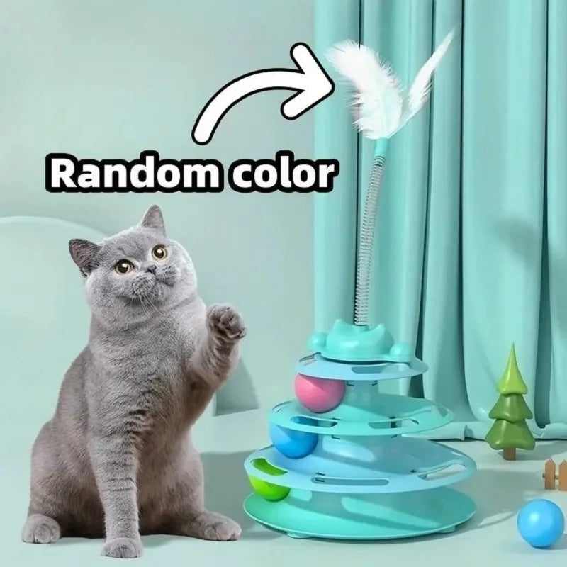 4-Layers Interactive Feather Cat Toy  Ball Playing Stick Interactive Cat Toy Tower Kitten Turntable Track Roller Ball