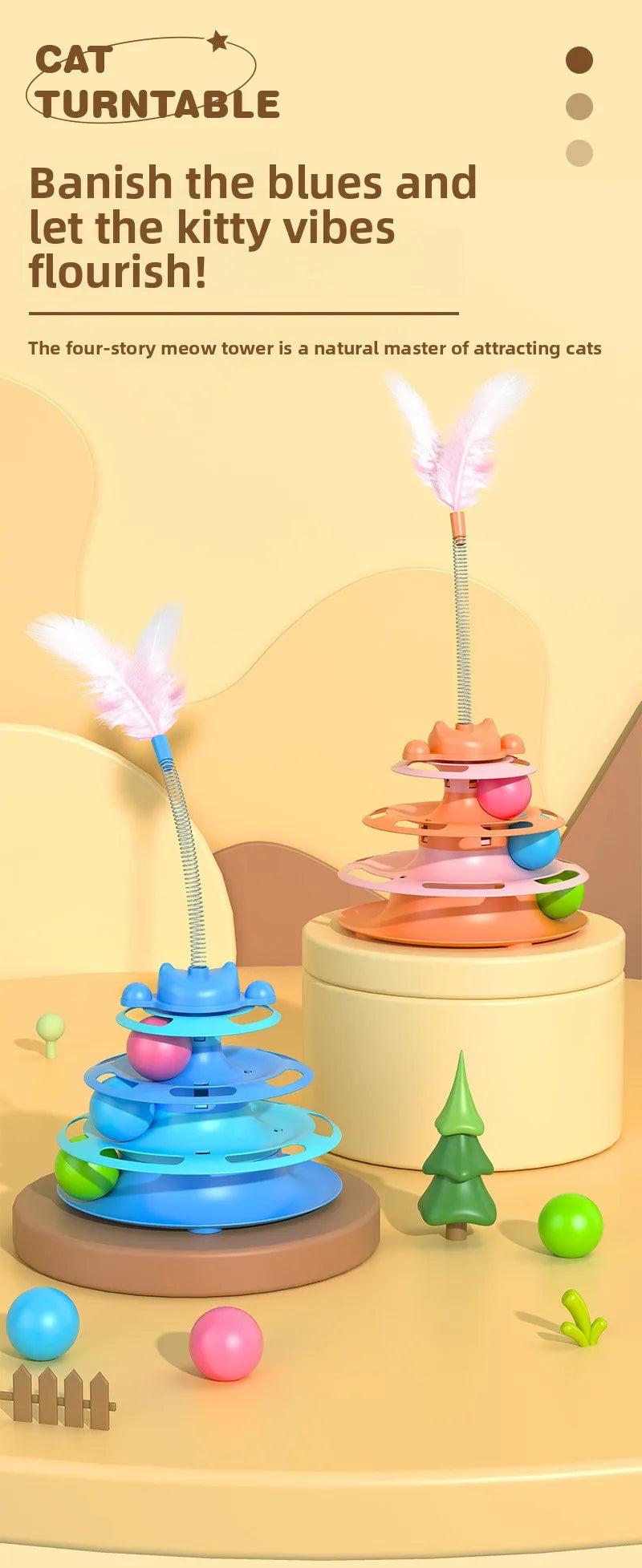4-Layers Interactive Feather Cat Toy  Ball Playing Stick Interactive Cat Toy Tower Kitten Turntable Track Roller Ball