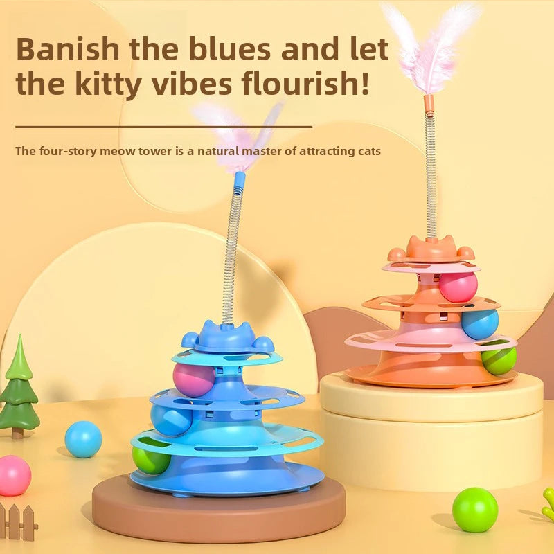 4-Layers Interactive Feather Cat Toy  Ball Playing Stick Interactive Cat Toy Tower Kitten Turntable Track Roller Ball