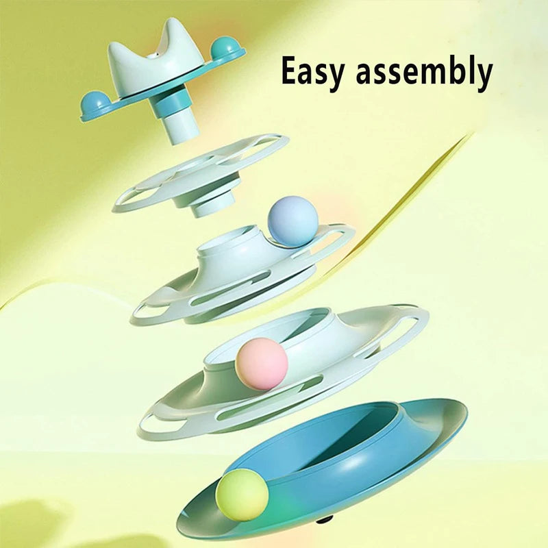 4-Layers Interactive Feather Cat Toy  Ball Playing Stick Interactive Cat Toy Tower Kitten Turntable Track Roller Ball