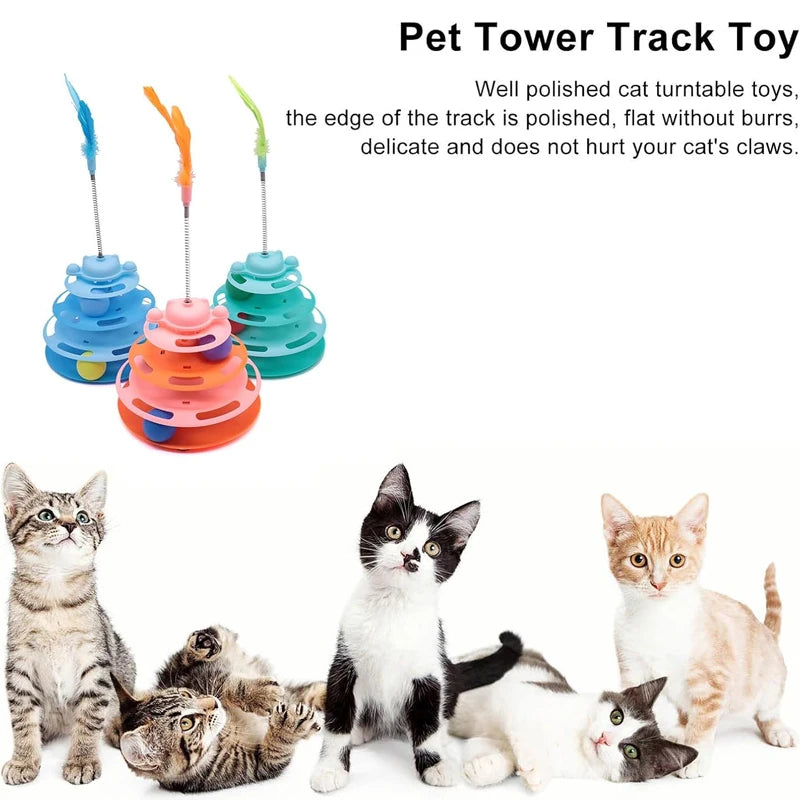 4-Layers Interactive Feather Cat Toy  Ball Playing Stick Interactive Cat Toy Tower Kitten Turntable Track Roller Ball
